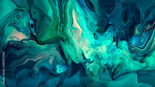 Abstract watercolor paint background, teal color blue and green with liquid fluid texture.