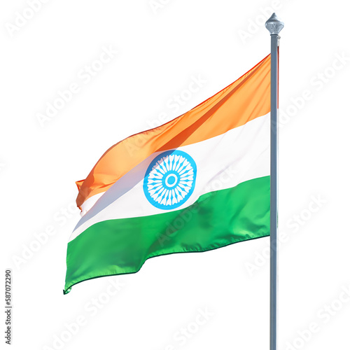 Indian flag on flagpole. Isolated png with transparency