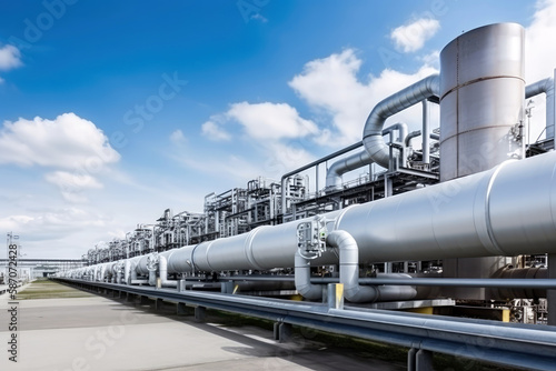 Tela Industry pipeline or rack transport petrochemical, gas and oil processing, factory turbine line, rack of heat chemical petroleum, equipment steel pipes, with Generative AI