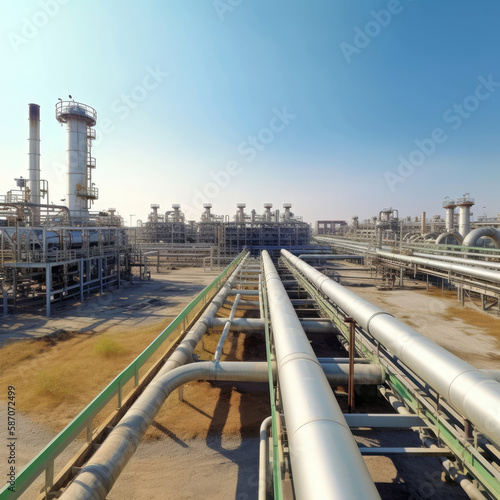 Industry pipeline or rack transport petrochemical, gas and oil processing, factory turbine line, rack of heat chemical petroleum, equipment steel pipes, with Generative AI.