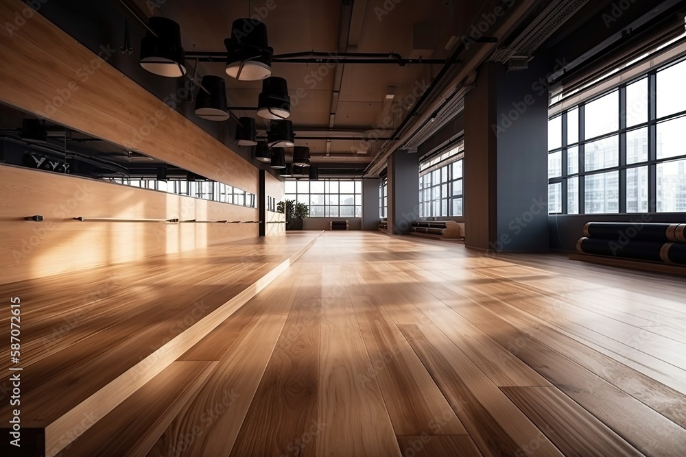 empty room with hardwood floors and floor-to-ceiling windows. Generative AI