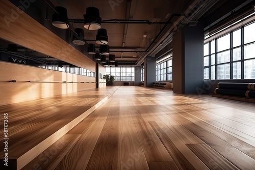 empty room with hardwood floors and floor-to-ceiling windows. Generative AI © AkuAku