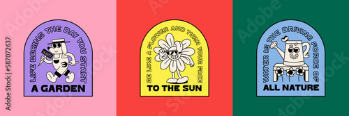 Set of Funny Retro Illustration with Quotes. Vector Characters in Groovy Vintage Style. Outdoor Summer Gardening Logo