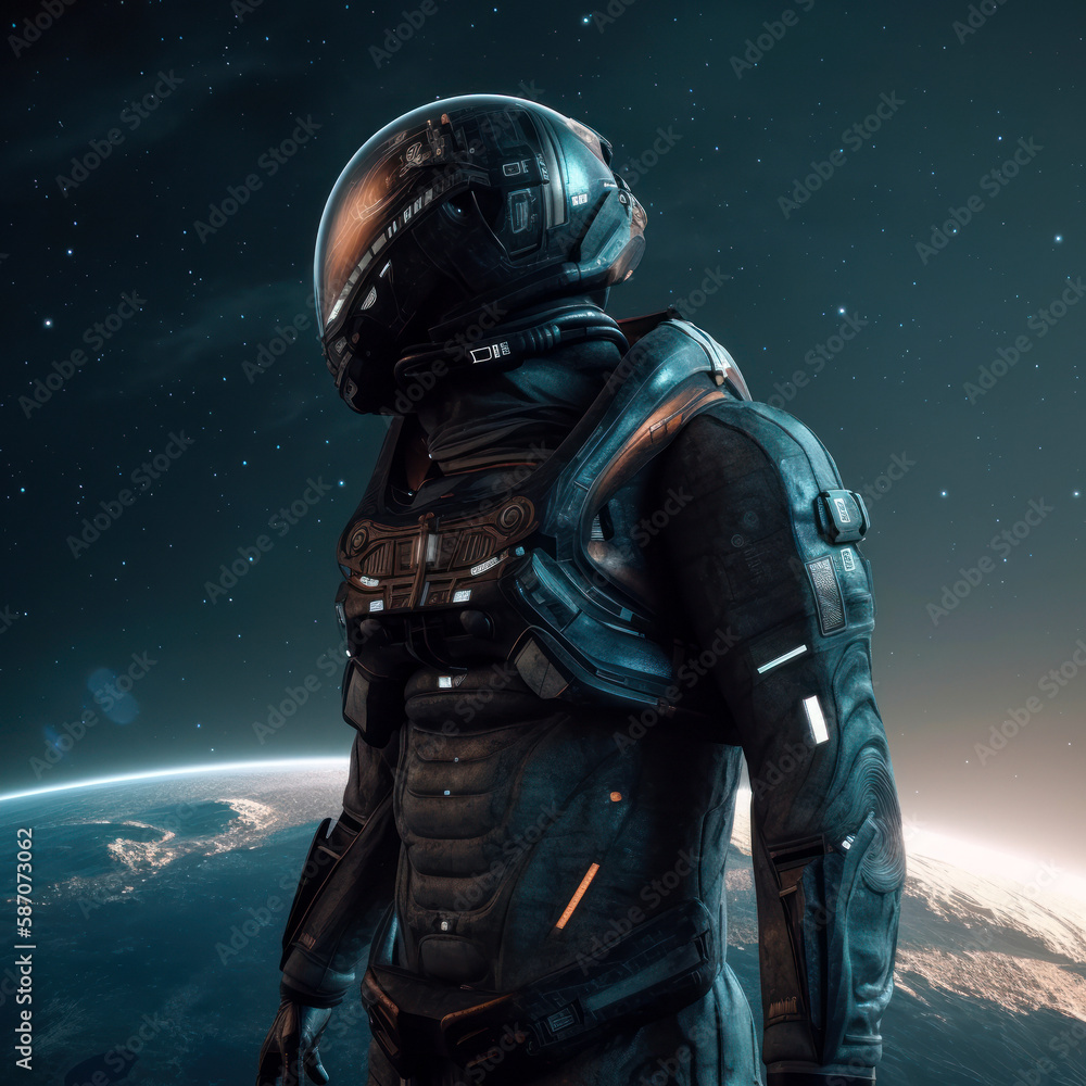 Fototapeta premium The astronaut has a futuristic spacesuit in the background you can see the earth. A space armor with a planet in the background. Generative AI