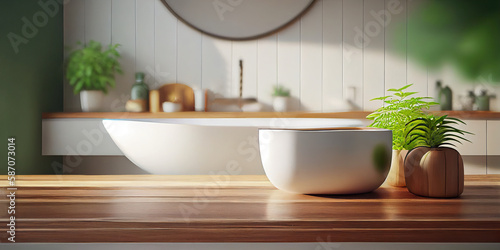 An elegant neo art deco styled wooden table top provides an empty canvas for product display against the blurred background of a stylish bathroom interior featuring a bathtub  generative AI