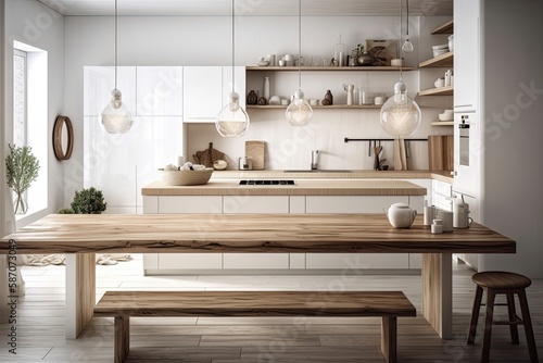 Over a contemporary white and wooden kitchen with dining table, parquet floor, and white architecture interior design, an antique wooden table top or shelf with candles and pebbles creates a zen like