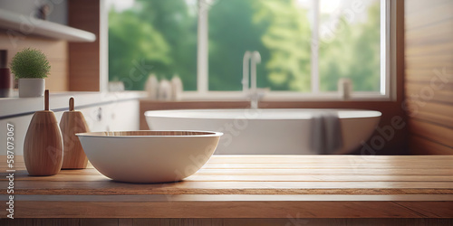 An elegant neo art deco styled wooden table top provides an empty canvas for product display against the blurred background of a stylish bathroom interior featuring a bathtub  generative AI