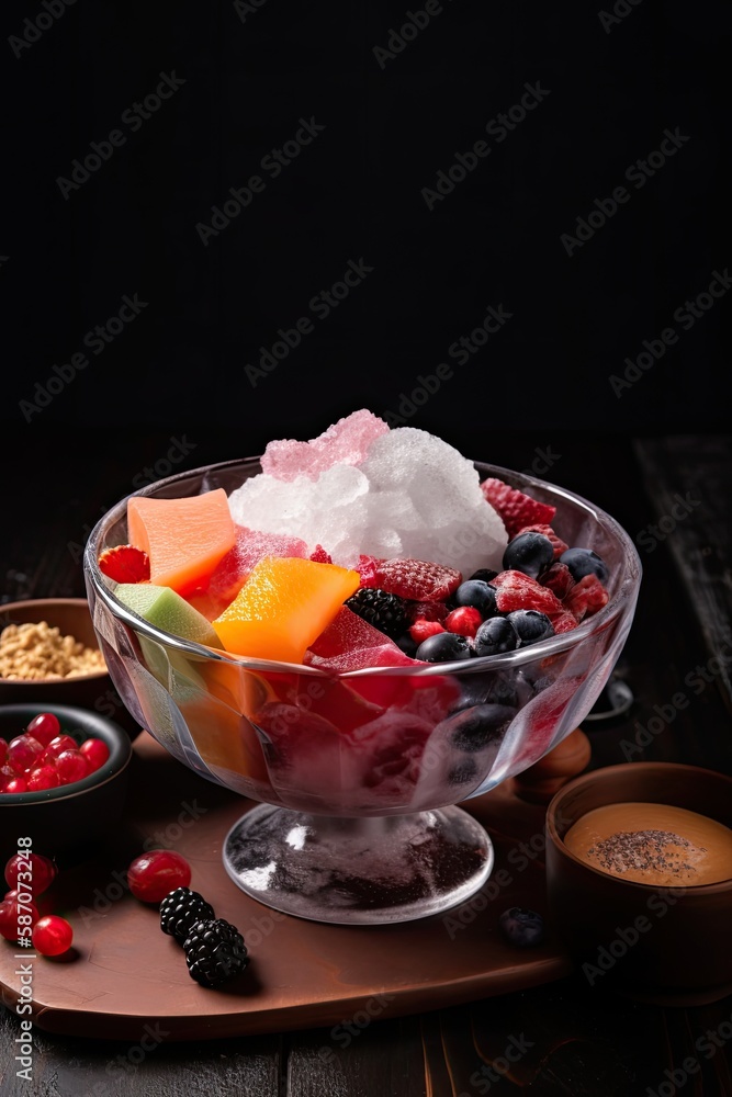 Variety of fruits cocktail with nata de coco. Generative AI Stock