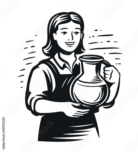 Happy milkmaid with jug of fresh milk. Young beautiful woman farmer with pot. Dairy farm emblem vector illustration