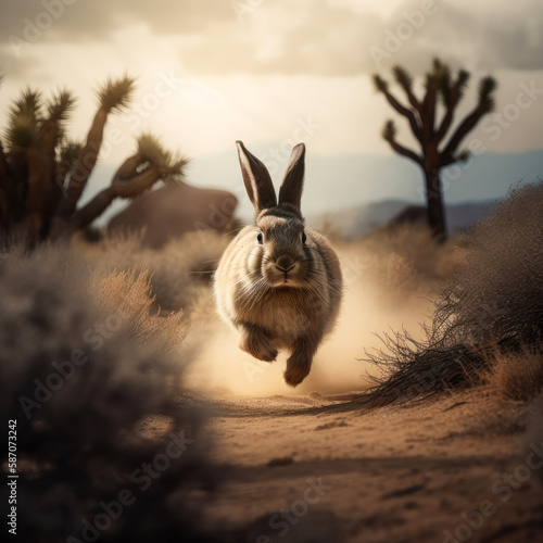 A rabbit is running through the desert with a cactus in the background. Bunny running through a vast desert landscape. Generative AI photo