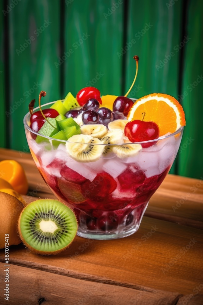 Variety of fruits cocktail with nata de coco. Generative AI Stock