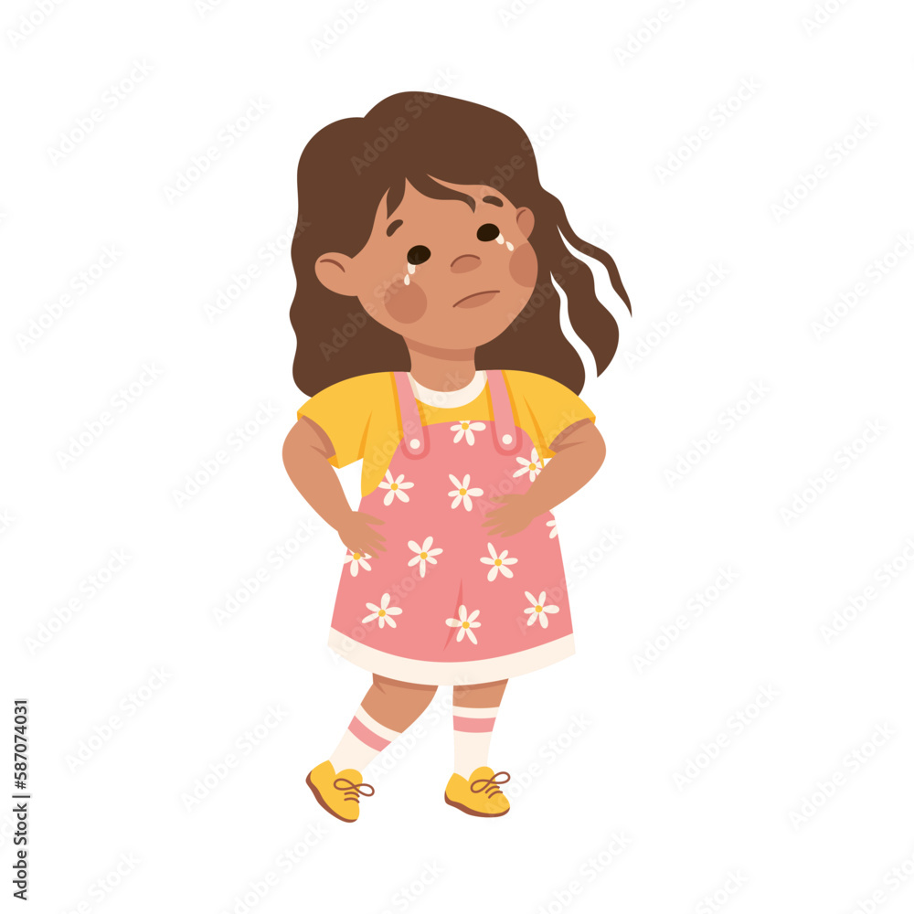 Cute crying little girl with upset face expression. Unhappy brunette girl dressed yellow t-shirt and pink sundress cartoon vector illustration