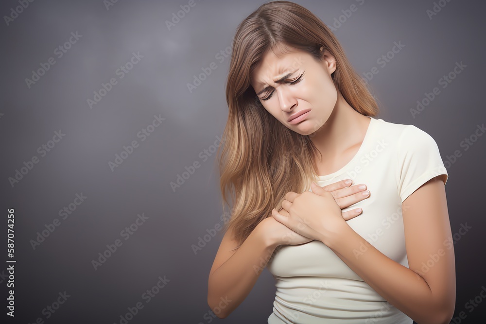 Young woman suffering from a stomach ache or food poisoning. Holding belly and feeling pain or bowel and digestion problems feeling unwell. Generative AI Young woman suffering from a stomach ache or food poisoning. Holding belly and feeling pain or bowel and digestion problems feeling unwell. Generative AI