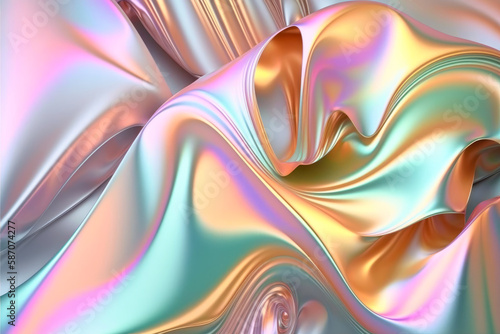 Pastel colored holographic Crumpled iridescent foil real texture background. Generative ai