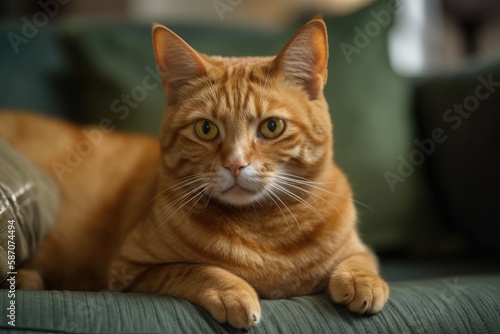 Looking forward, a domestic shorthair cat sits on the arm of a leather sofa. Eyes that are white and ginger green. background color green. Generative AI