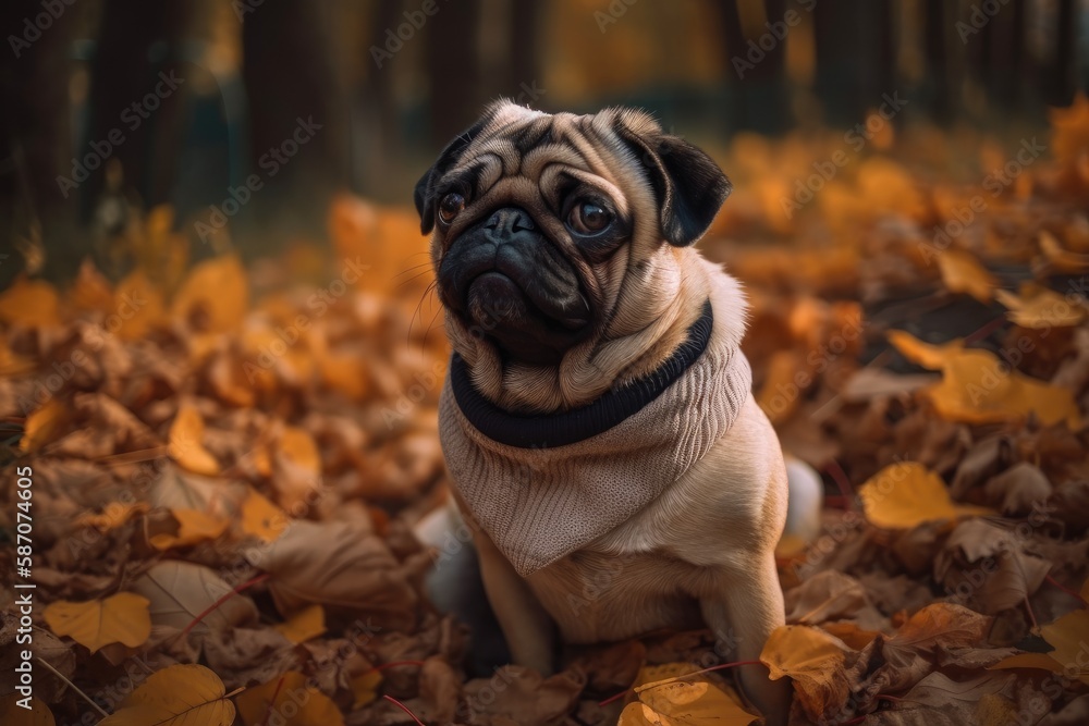 A young female pug breed sits on a blanket of dry yellow autumn leaves and late fall green grass. Real animal, gullible appearance. The emphasis is soft. Generative AI A young female pug breed sits on a blanket of dry yellow autumn leaves and late fall green grass. Real animal, gullible appearance. The emphasis is soft. Generative AI