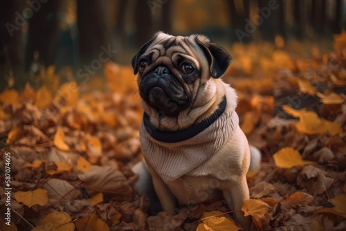 A young female pug breed sits on a blanket of dry yellow autumn leaves and late fall green grass. Real animal, gullible appearance. The emphasis is soft. Generative AI