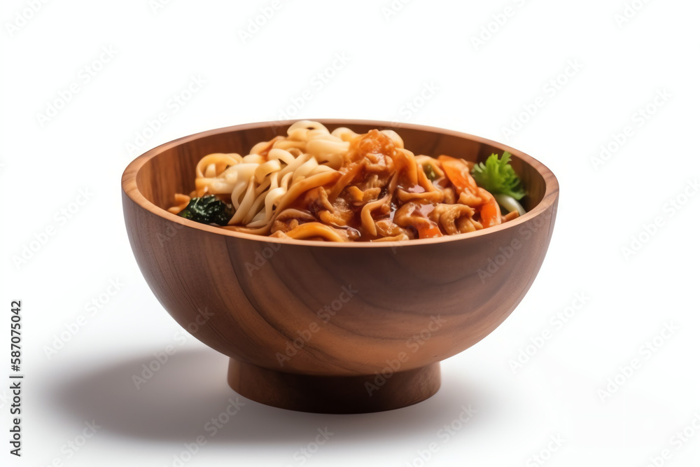 Close up of a bowl of Asian food in bowl wood, On white background. AI Generated. Close up of a bowl of Asian food in bowl wood, On white background. AI Generated.