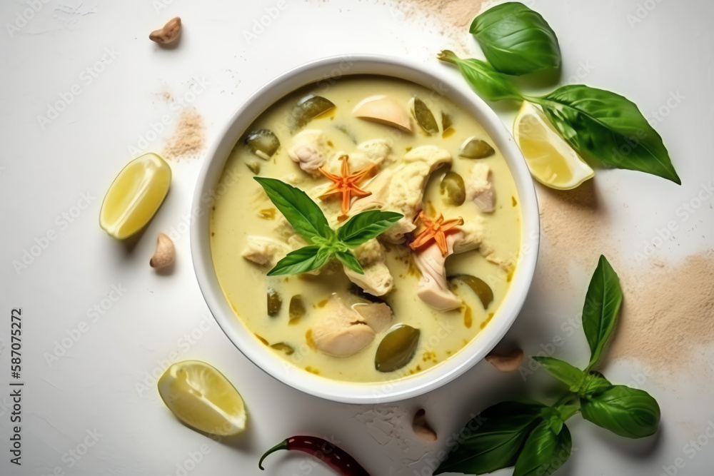Top view, Mockup Green curry chicken in coconut milk, white culinary background. AI Generated Top view, Mockup Green curry chicken in coconut milk, white culinary background. AI Generated