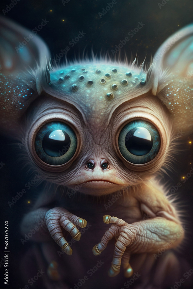 Portrait of a beautiful cute monster, an incredibly cute alien with big black eyes. Looking at the camera. Generative AI illustration