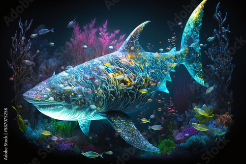 An unknown colorful creature underwater. Neon illuminated scary nightmare shark-like animal in the ocean water. Generative AI illustration