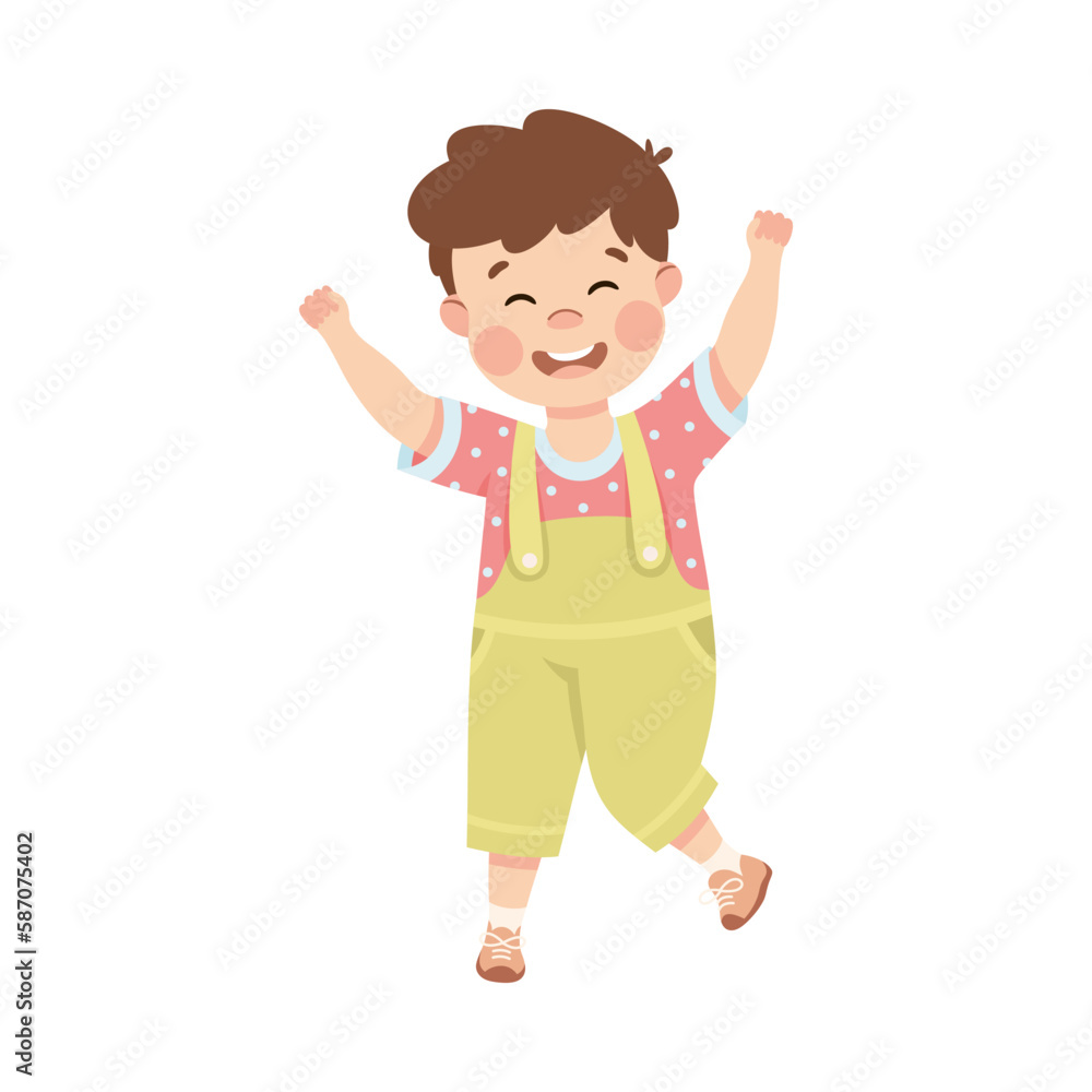 Cute joyful little boy with his hands raised. Brown haired boy dressed jumpsuit having fun cartoon vector illustration Cute joyful little boy with his hands raised. Brown haired boy dressed jumpsuit having fun cartoon vector illustration