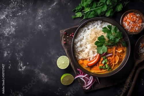 Thaifood with rice and vegetable on grey background top view with space for text Healthy food. AI Generated