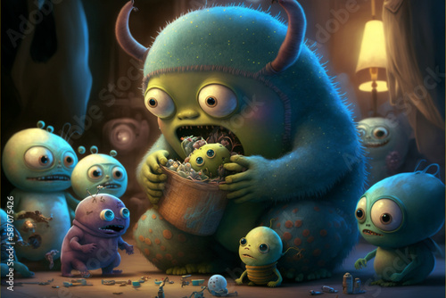 A scene from an alien monster kindergarten. A group of colorful baby monsters gathered around an adult alien monster, 