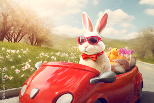 Cute Easter Bunny with sunglasses driving a red car filed with easter eggs