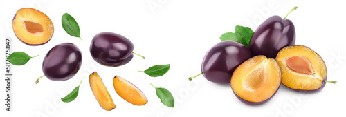 fresh purple plum and half with leaves isolated on white background with  full depth of field. Top view. Flat lay