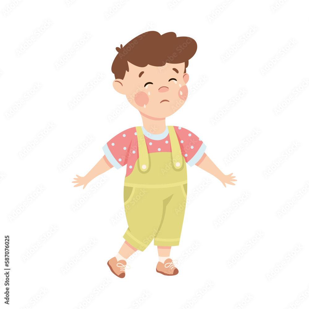 Cute little boy crying with tears. Upset brown haired boy dressed jumpsuit cartoon vector illustration Cute little boy crying with tears. Upset brown haired boy dressed jumpsuit cartoon vector illustration