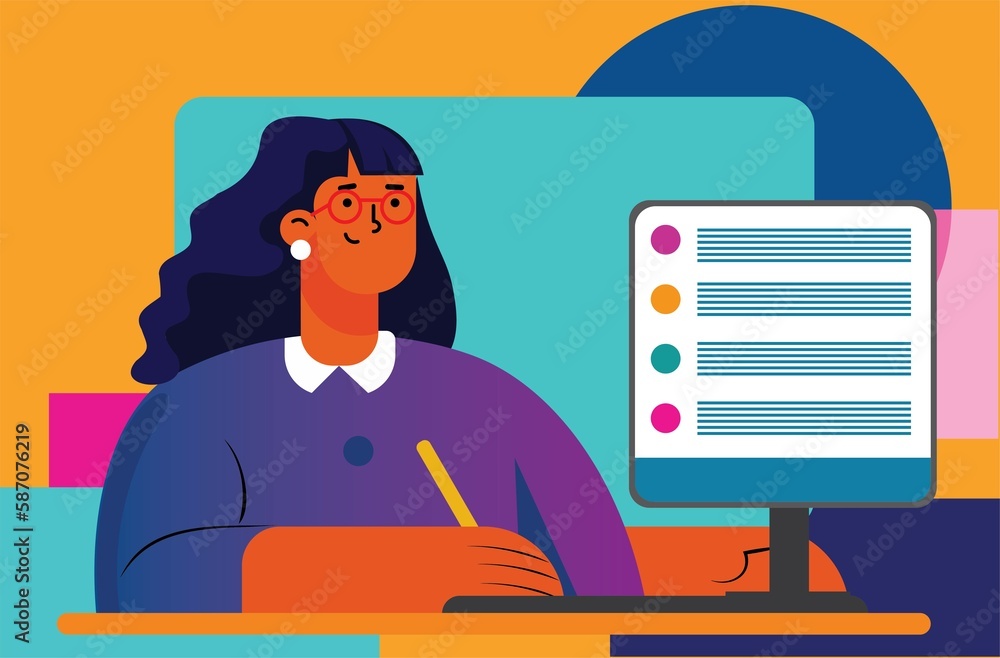 Flat illustration of cartoon female manager with a laptop. Colorful banner Flat illustration of cartoon female manager with a laptop. Colorful banner