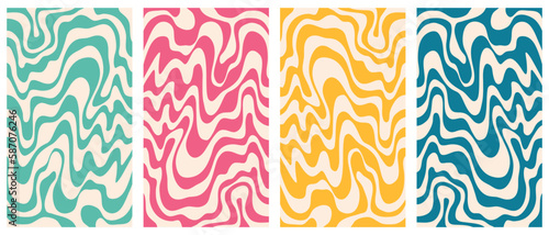 Set of abstract swirl retro 70s poster. Wavy groovy backgrounds.Vector illustration