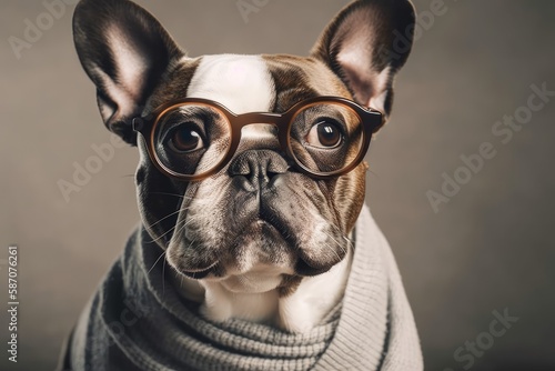 Adorable trendy dog with a gray shirt and glasses. Generative AI © AkuAku