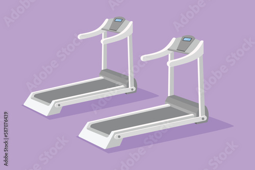 Character flat drawing stylized running simulator. Sports fitness exercise equipment. Treadmill logo, label, symbol. Gym tool. Time to run. Treadmill machine icon. Cartoon design vector illustration