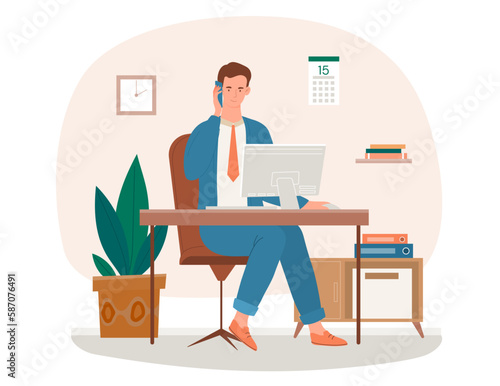 Boss talking on phone. Man sits at computer and communicates on smartphone. Multitasking employee or entrepreneur. Manager with telephone and laptop at work. Cartoon flat vector illustration