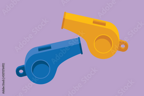 Character flat drawing stylized referee whistle logo, icon, symbol. Coach gym whistle. Sports sign play game, competition. Coach or trainer equipment for judgment. Cartoon design vector illustration