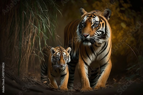 Tiger with cub in natural habitat. Generative AI
