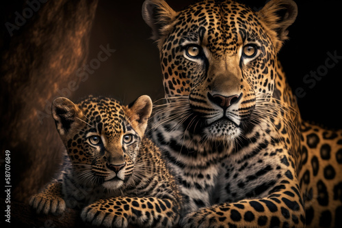 Leopard with cub in natural habitat. Generative AI