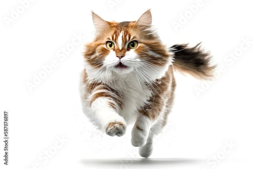 Cat running on camera isolated on white background.. Generative AI © Uliana