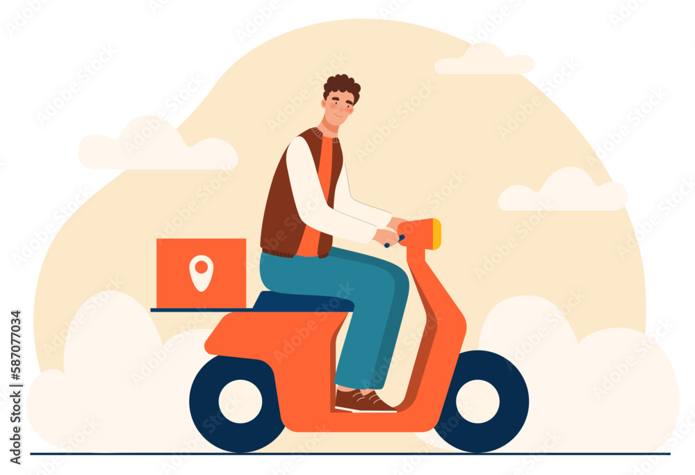 Delivery man on bike. Young guy with box rides scooter, courier with parcel. Online shopping and express home delivery, order tracking. Logistics and transportation. Cartoon flat vector illustration