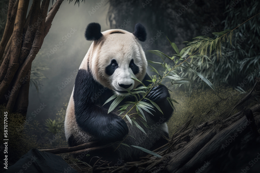 Panda bear eating bamboo in its natural habitat. Generative AI