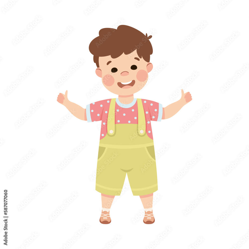 Cute cheerful little boy showing thumb up gesture with both hands. Happy brown haired boy dressed jumpsuit standing with open arms cartoon vector illustration Cute cheerful little boy showing thumb up gesture with both hands. Happy brown haired boy dressed jumpsuit standing with open arms cartoon vector illustration
