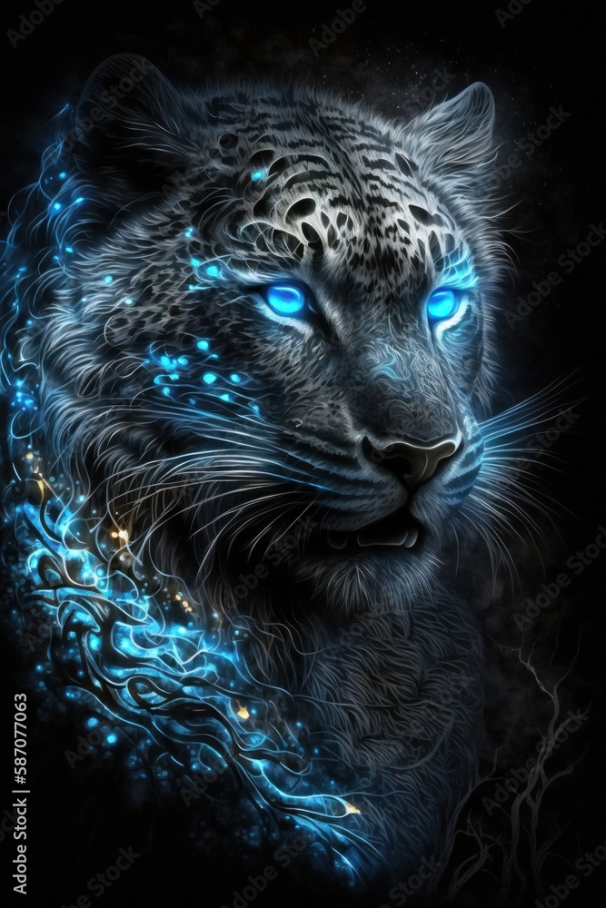 Magic frost tiger with blue eyes on black background. Generative AI