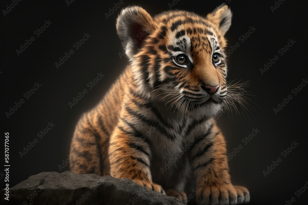 Obraz premium Baby leopard portrait on dark background. AI Generative
