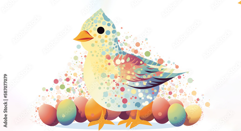 full colour Abstract easter chick with colorful eggs, and easter patterns, isolated on white, Created using generative AI tools..