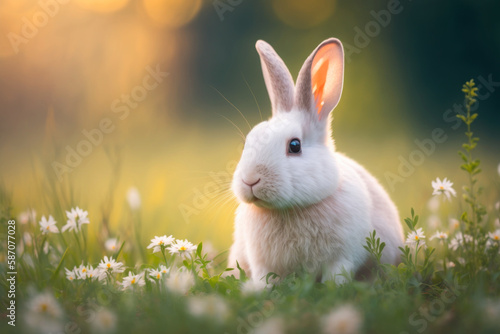 Baby rabbit in spring green grass with flowers. Generative AI