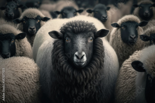 Flock of sheeps on farm, Generative AI