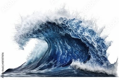 Large stormy sea wave in deep blue isolated on white. Generative AI © Uliana