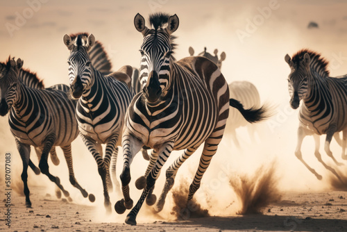 Zebras running through the African savannah. Generative AI